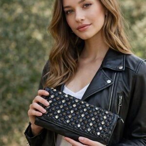 Black Woven Studded Gem Clutch – Evening Bag with Chain Strap- NWOT